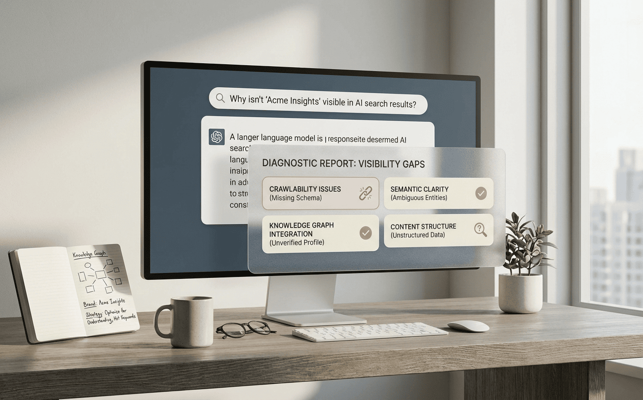 一台显示器上显示AI搜索结果的可见性报告，旁边有一本笔记本和一杯咖啡。
