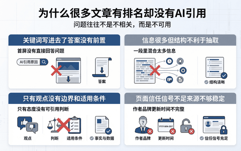 一张包含多块信息图表的图片,说明为何文章未引用AI,强调关键词和条件的重要性。