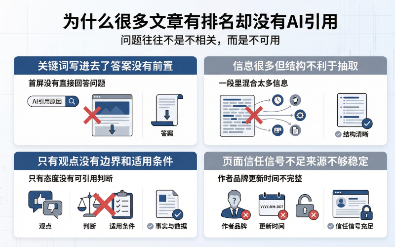 展示了四个原因,说明了许多文章未被AI引用的情况与问题。