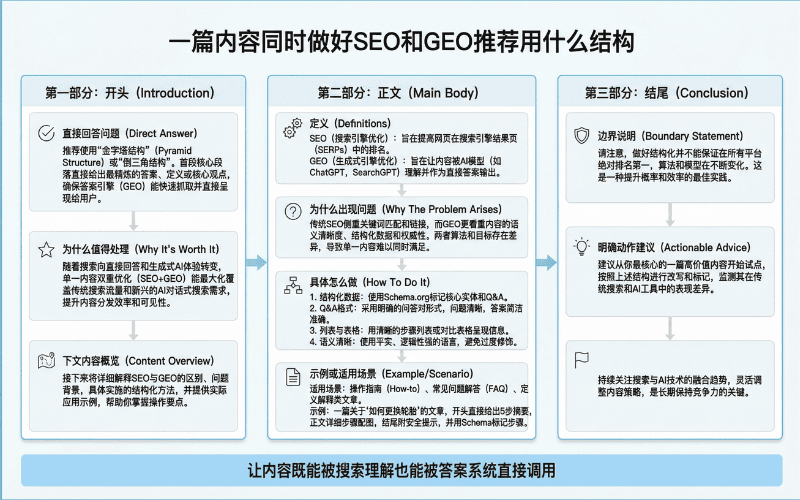 一篇关于优化SEO和GEO的文章结构图,包含引言、正文和结尾部分的要点总结。
