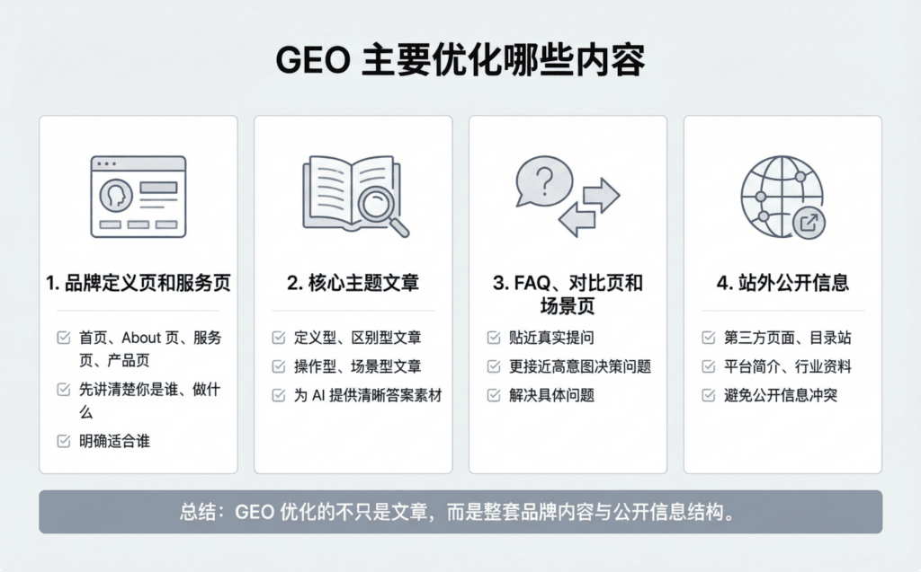 GEO 主要优化内容信息图，概括品牌页、服务页、核心主题文章、FAQ 与站外公开信息