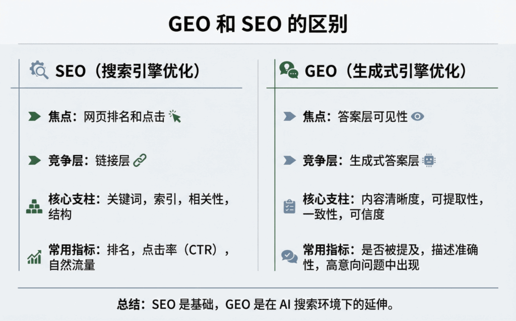 GEO 与 SEO 的区别信息图，对比链接层排名与答案层可见度、核心抓手和衡量指标