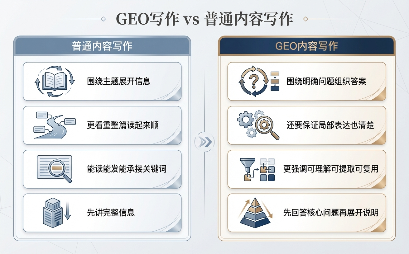 图表对比了GEO写作和普通内容写作的不同之处,分别列举了各自的优缺点。