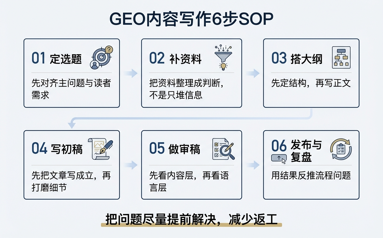 流程图描述了 GEO 内容写作的六个步骤,从选题到发布与反馈。