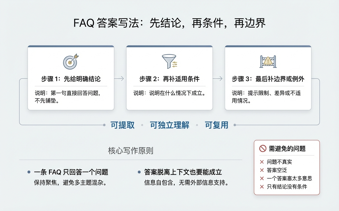 图表展示了回答FAQ的步骤和原则,包括明确回答、补充条件和最终说明。
