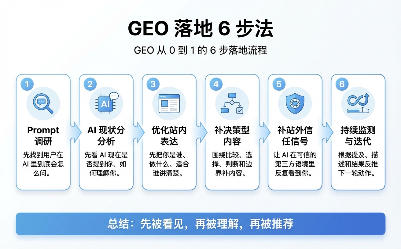 GEO落地六步法的流程图,展示从0到1的六个步骤,包含多个任务和分析。