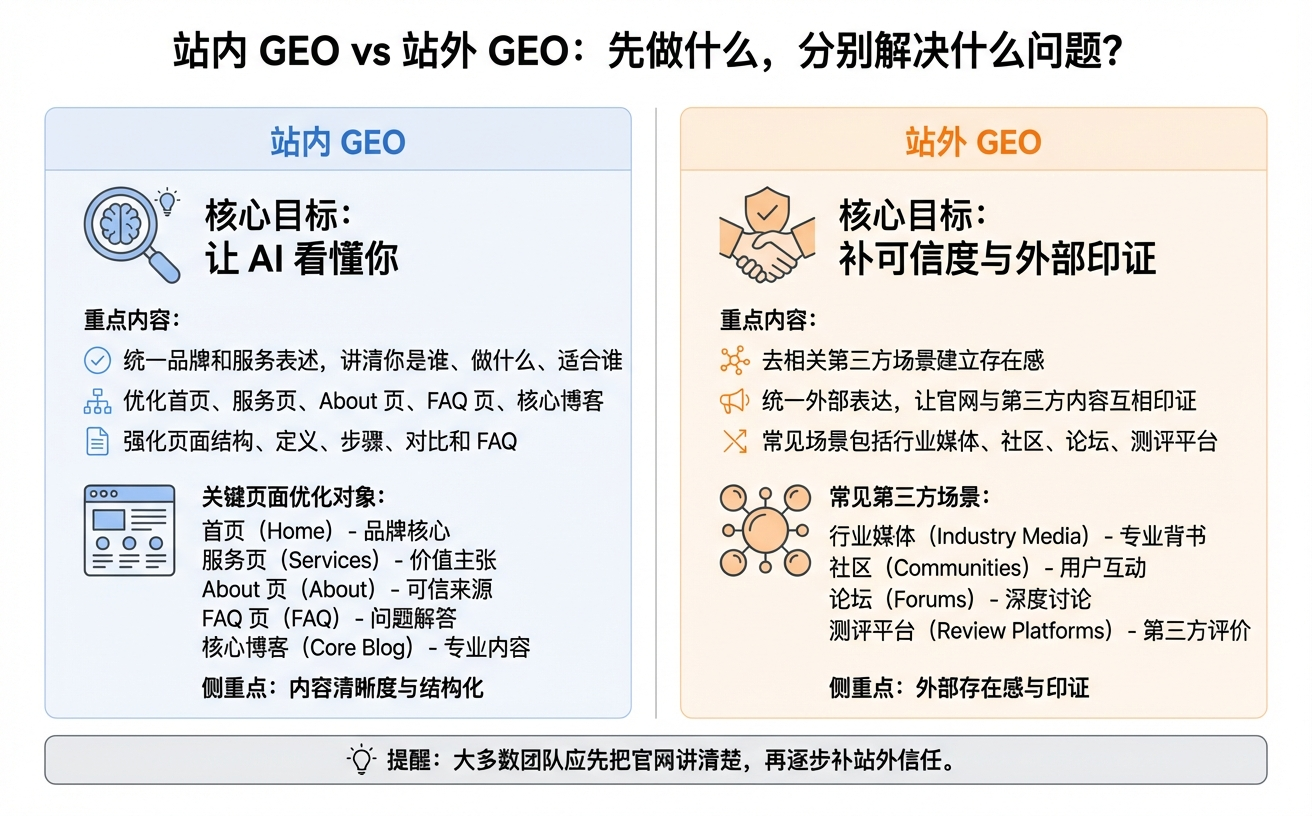 图表展示了站内GEO与站外GEO的核心目标和重点内容对比,左侧为站内,右侧为站外。