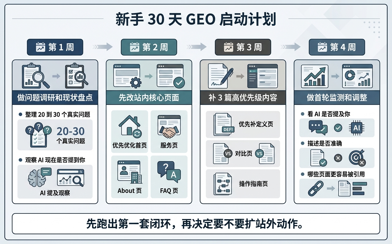 新手30天GEO启动计划的步骤,包括问题调查、站内改进和监测调整的四个阶段。