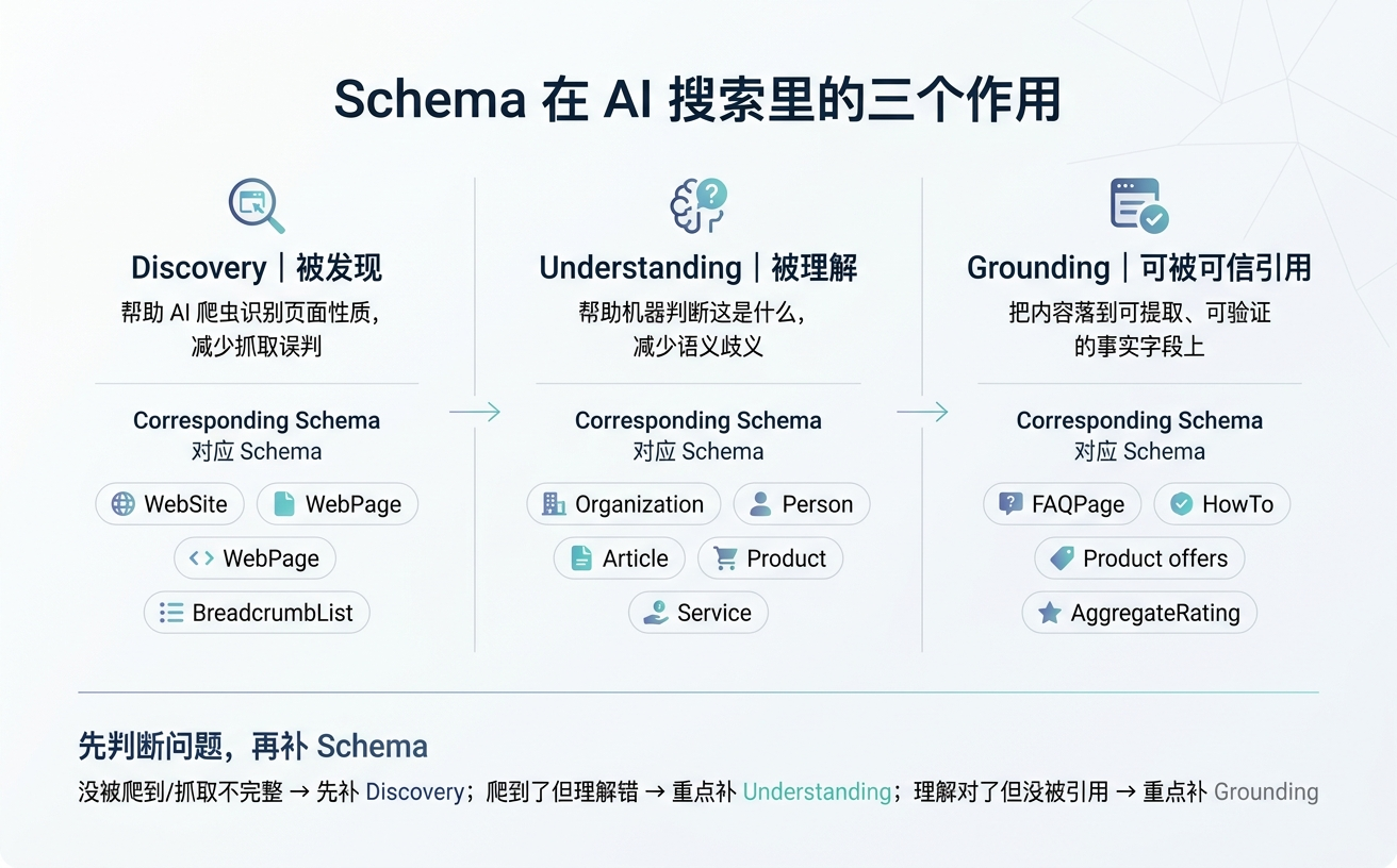 一张展示Schema在AI搜索中的三种应用的图表，包含Discovery、Understanding和Grounding的解释。