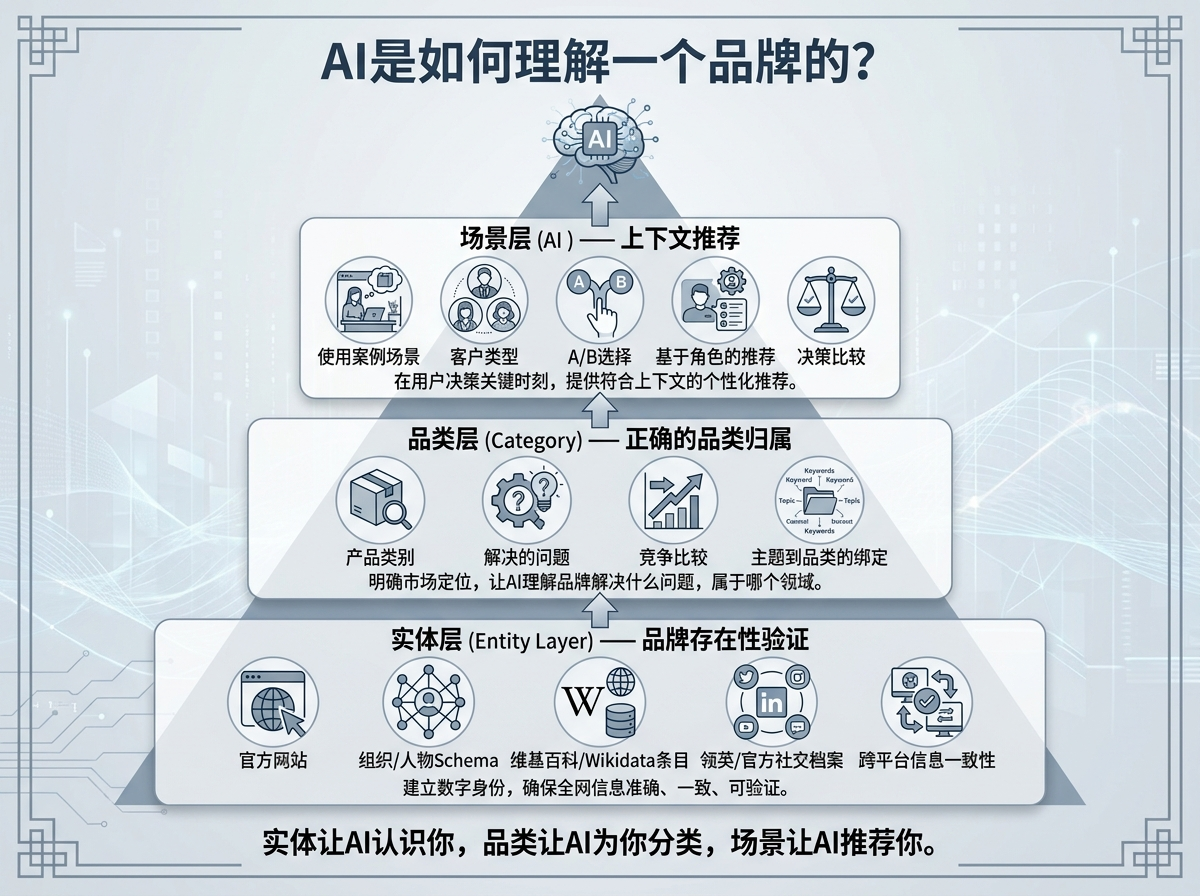 该图展示了AI如何理解品牌的三个层次：场景层、分类层和实体层，包含相关的图标和说明。
