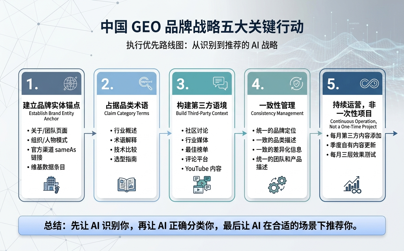 中国GEO品牌战略五大关键行动，包括建立品牌实体、占据品类术语、构建第三方语境等要点展示。