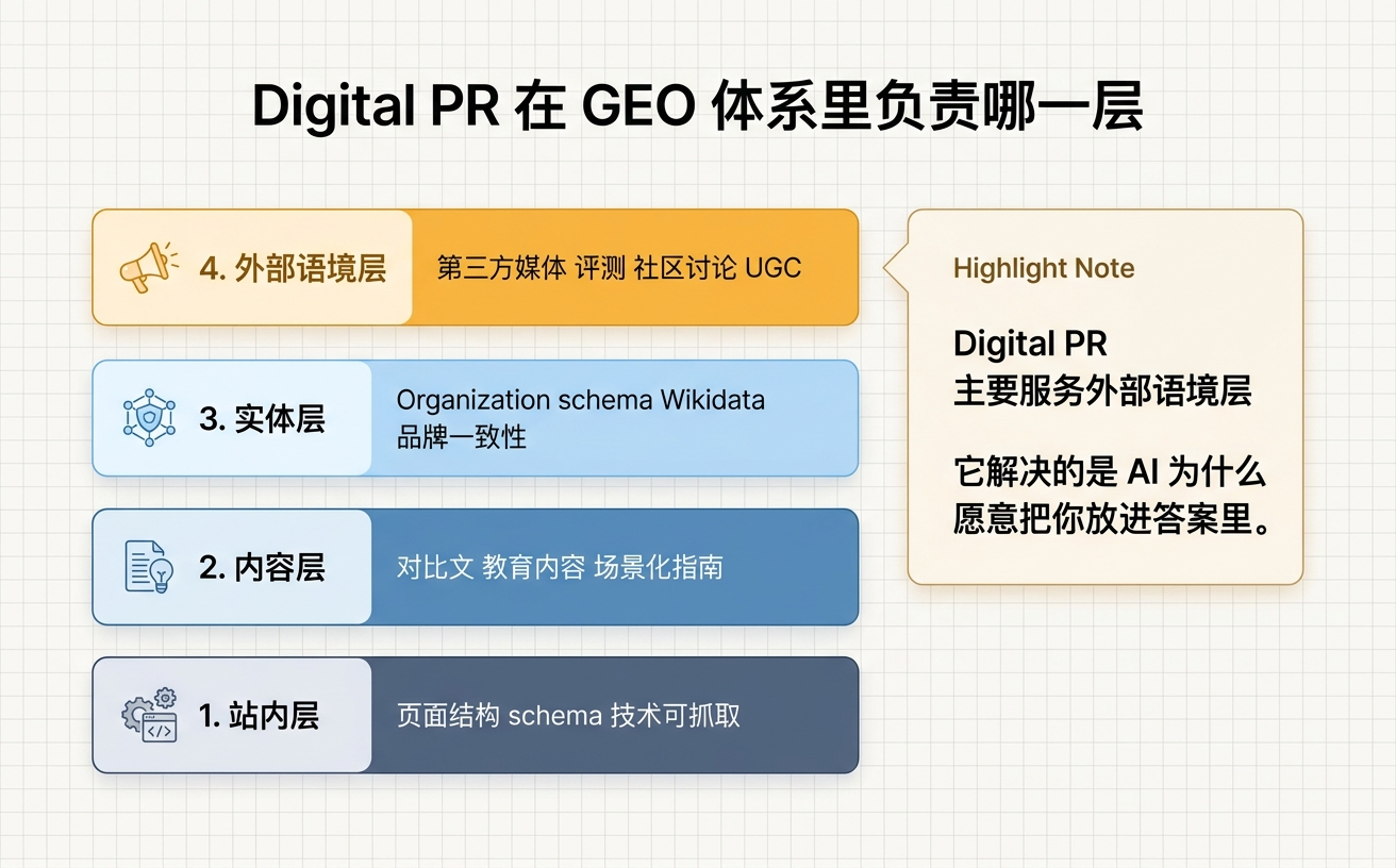 数字公关流程图，包含外部环境、实体层、内容层和站内层的不同内容。