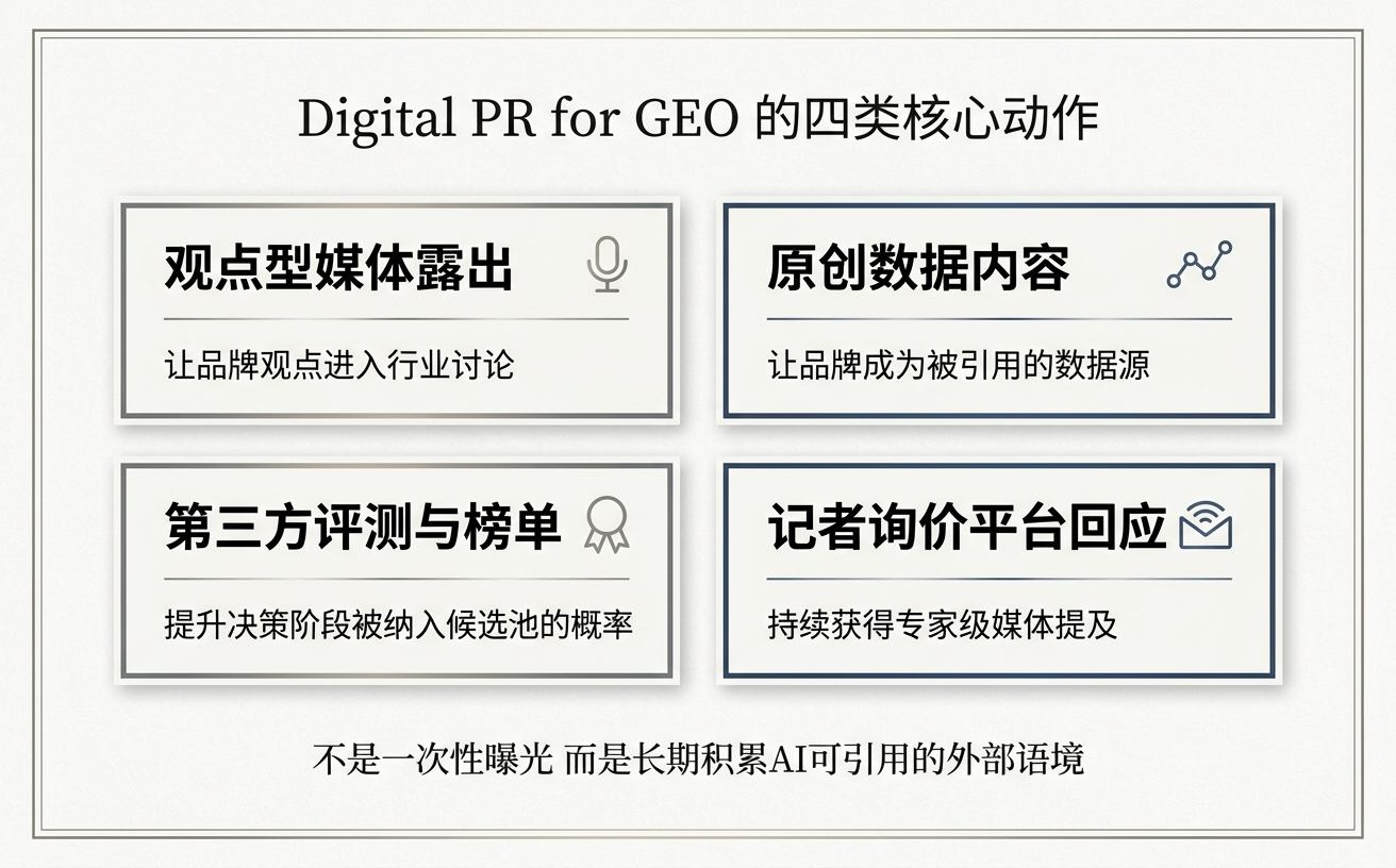 数字公关的四项核心活动，涵盖媒体曝光、原创内容、第三方评估和反馈机制。