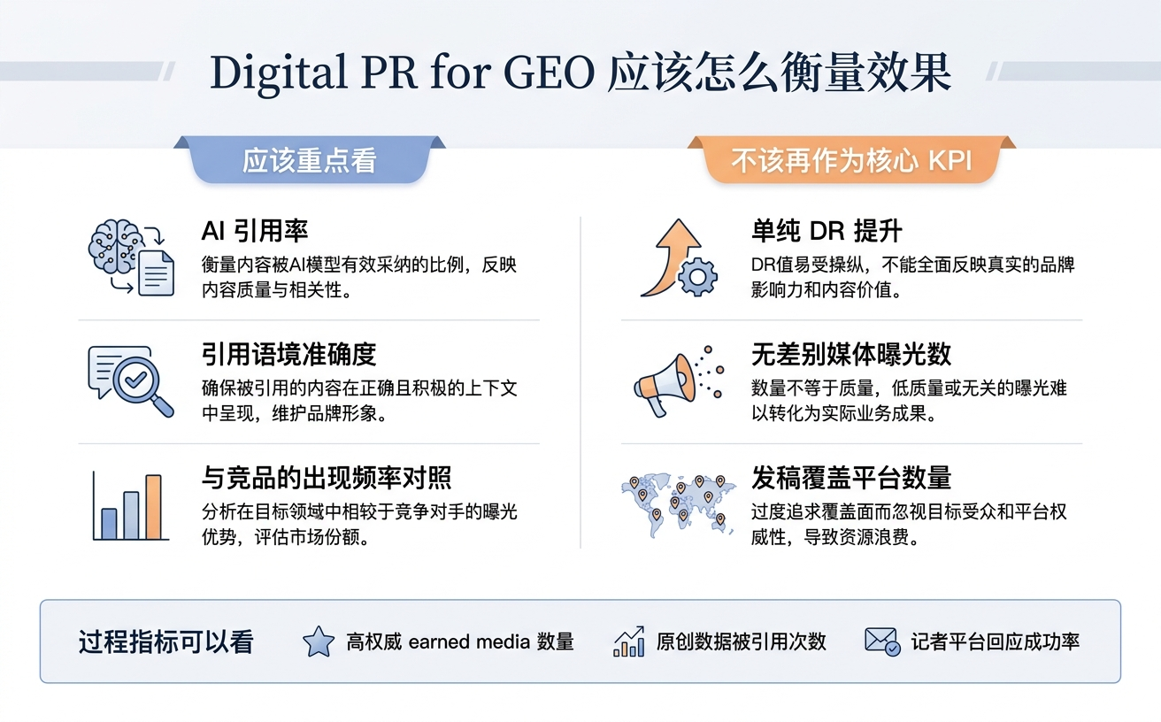 数字公关效果图，展示AI、引用标准程度及媒体曝光等关键指标和建议。