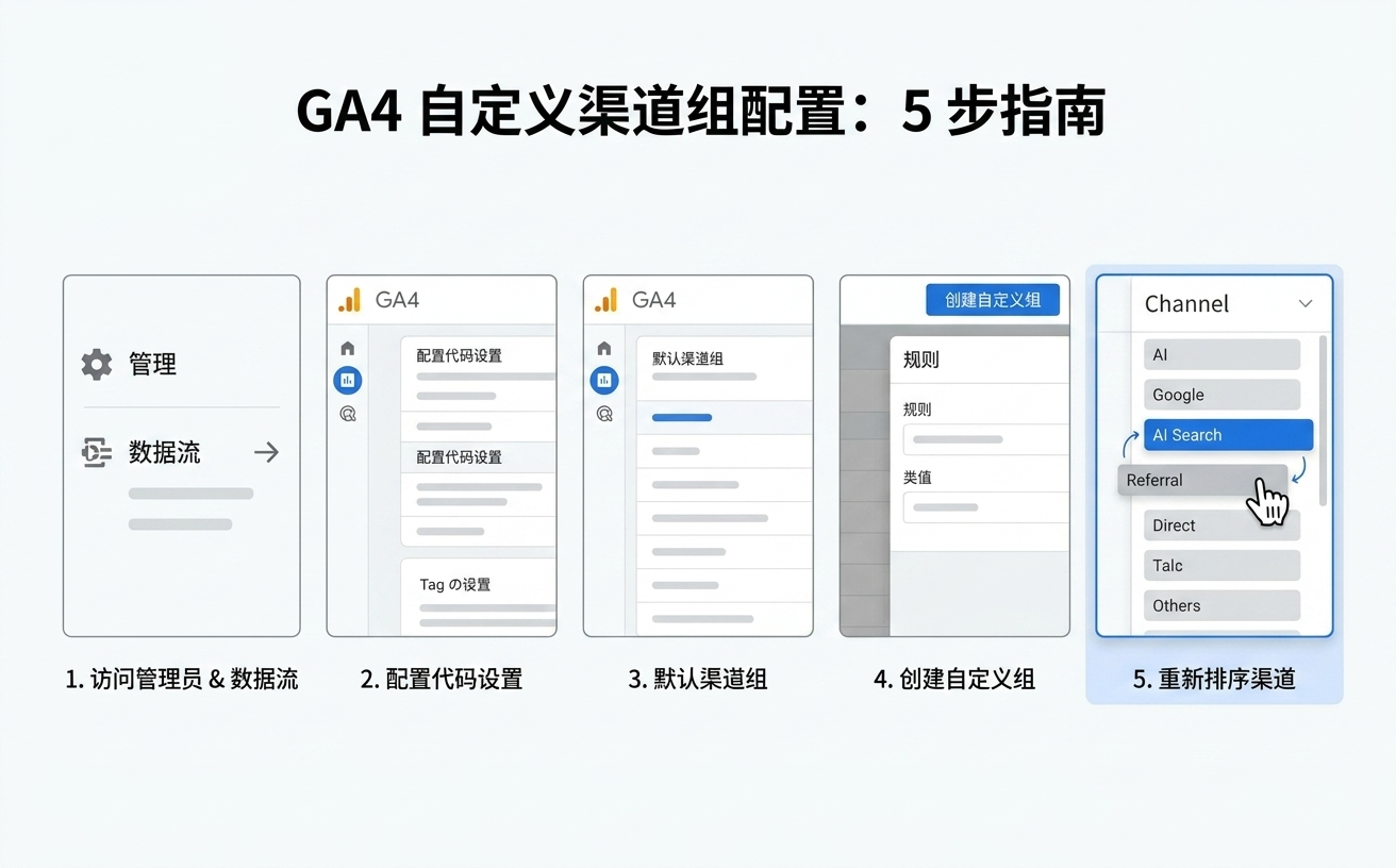 GA4自定义渠道组设置的五个步骤，展示管理、数据流和设置的界面。