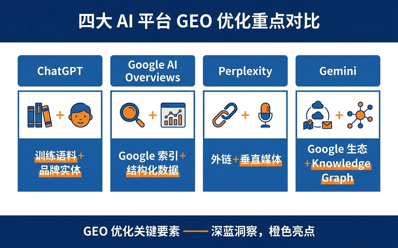 四种AI平台的比较，包含ChatGPT、Google AI、Perplexity和Gemini的主要特点与功能。