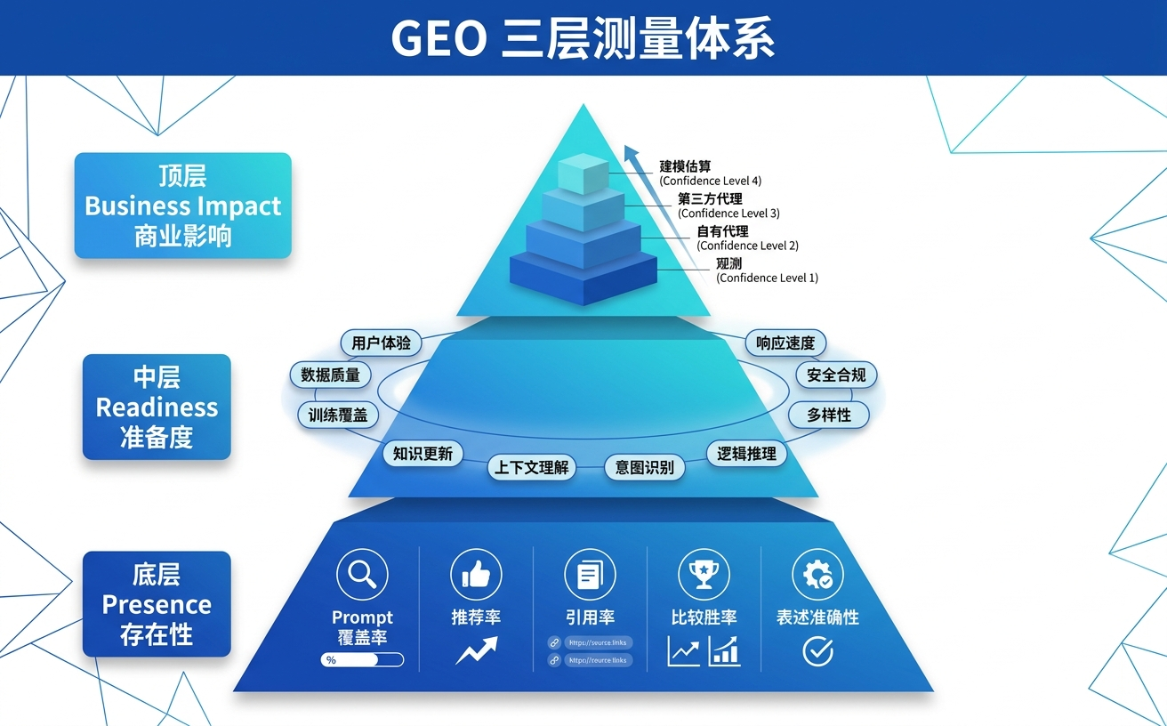 图示展示了GEO三层测量体系，包括商业影响、准备度和存在性三个层次与相关指标。
