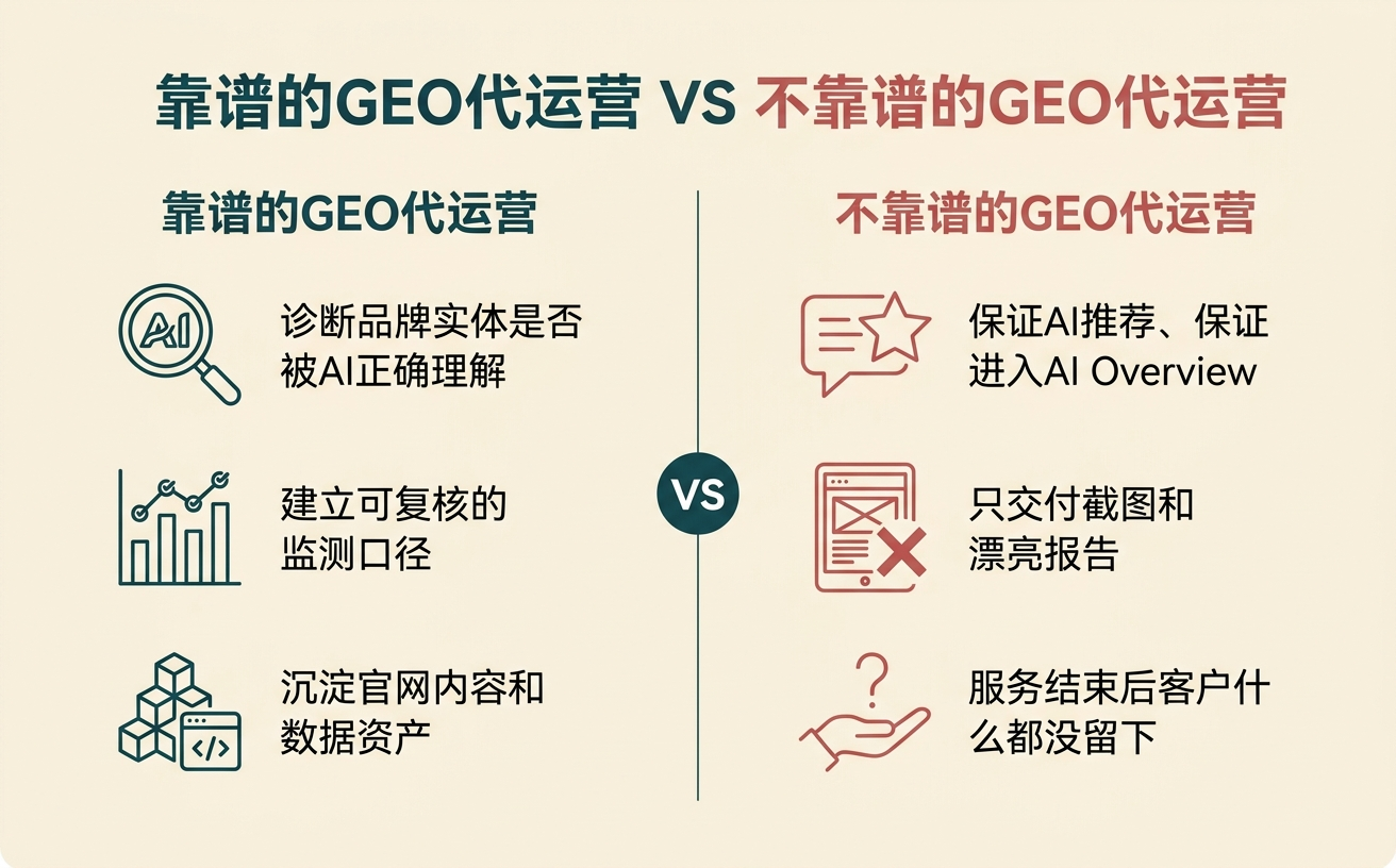 图表比较“正确的GEO代运营”和“不正确的GEO代运营”,列出各自特征和建议。