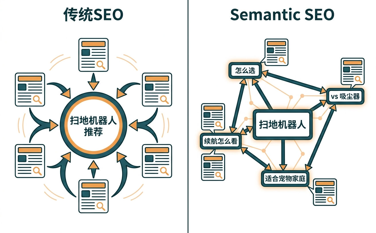 左侧展示传统SEO流程,右侧为语义SEO结构图,两者围绕“扫地机器人”主题展开。