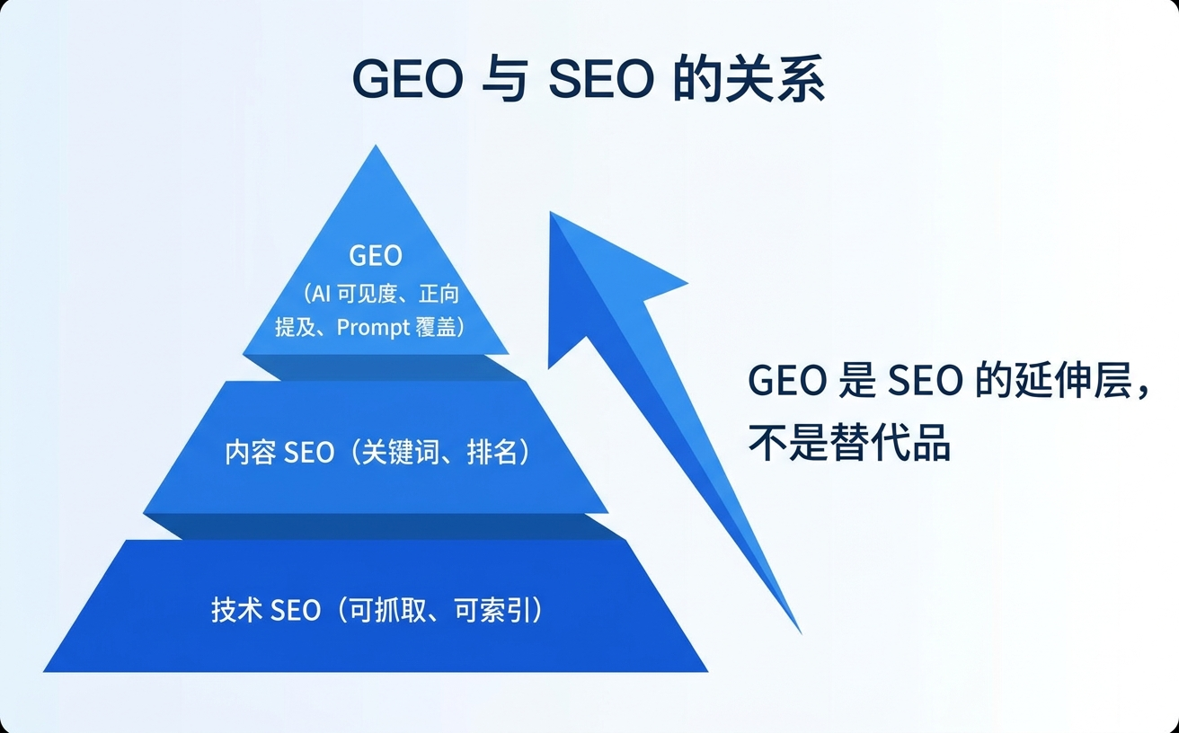 图表展示了GEO与SEO的关系，呈现结构化的层级与定义。