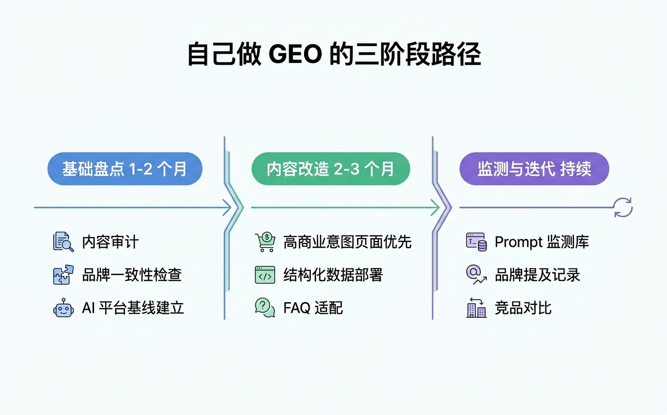 自定义GEO的三阶段路径，展示了基础盘、内容改造及监测维持的步骤和时间安排。