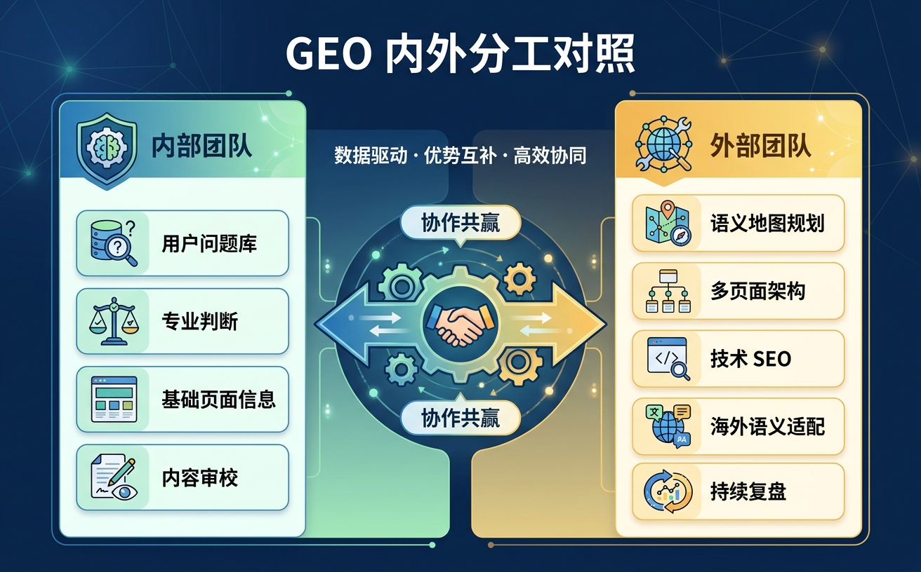 一幅展示内部团队和外部团队协作状况的图示，中央有握手图标，周围是相关任务和流程。
