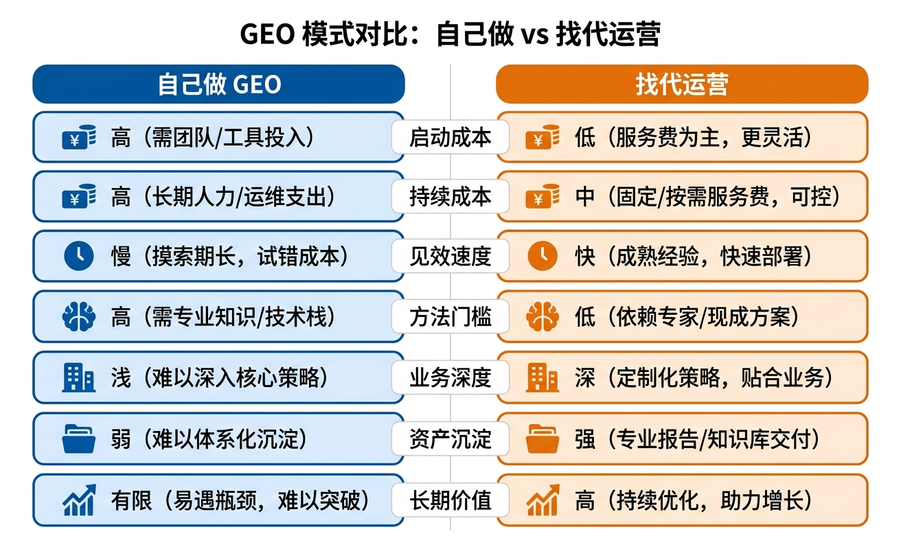 GEO模式对比图展示了“自己做”和“找代运营”的各项指标差异。
