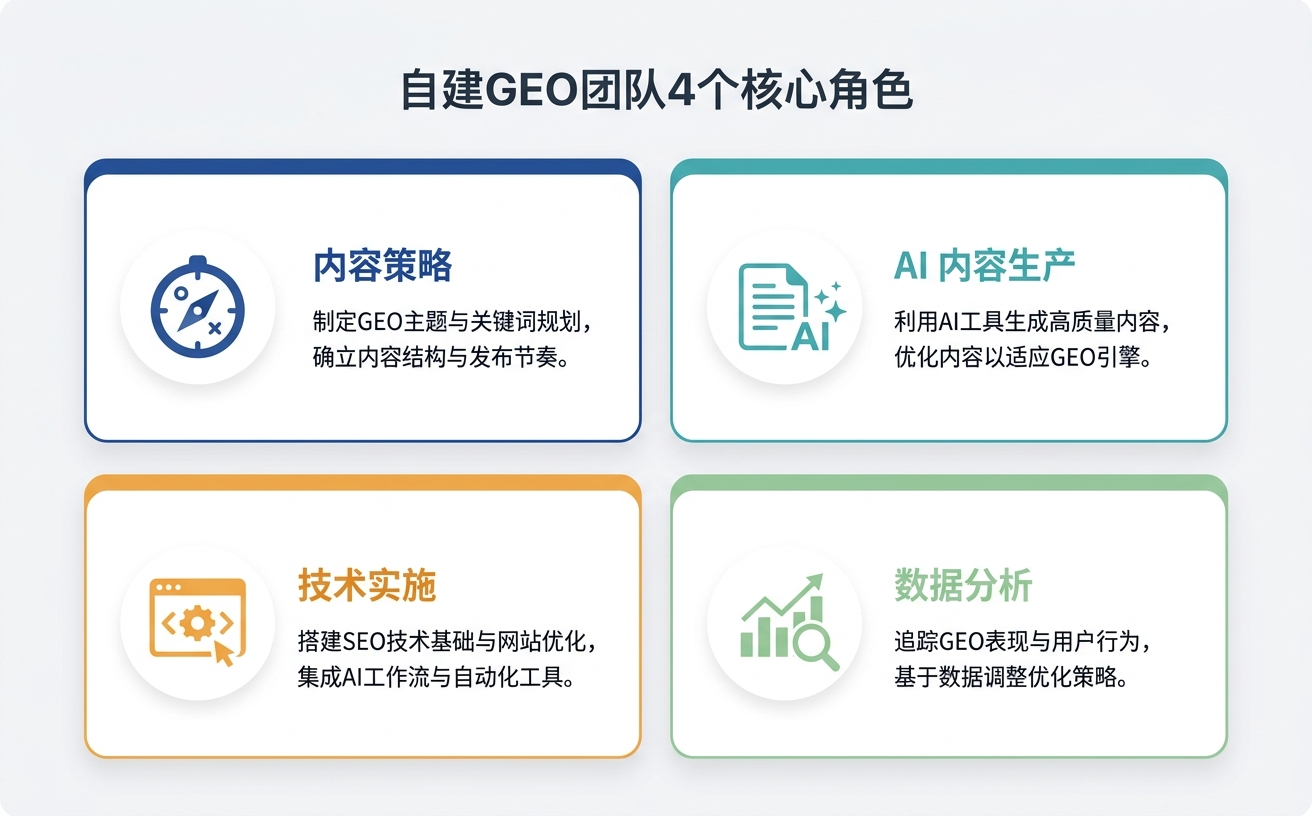 自建GEO团队的四个核心角色，包括内容策略、AI内容生成、技术实施和数据分析。