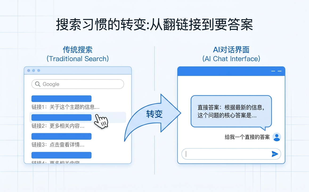 图示展示传统搜索与AI对话界面的对比,强调从链接点击到获取直接答案的转变。