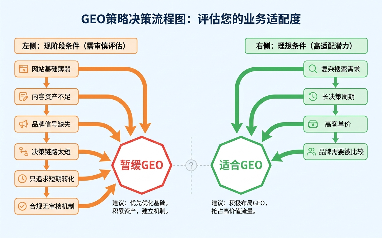 图示展示了GEO策略决策流程,左侧为现状条件,右侧为理想条件,各自列出了重要因素和建议。
