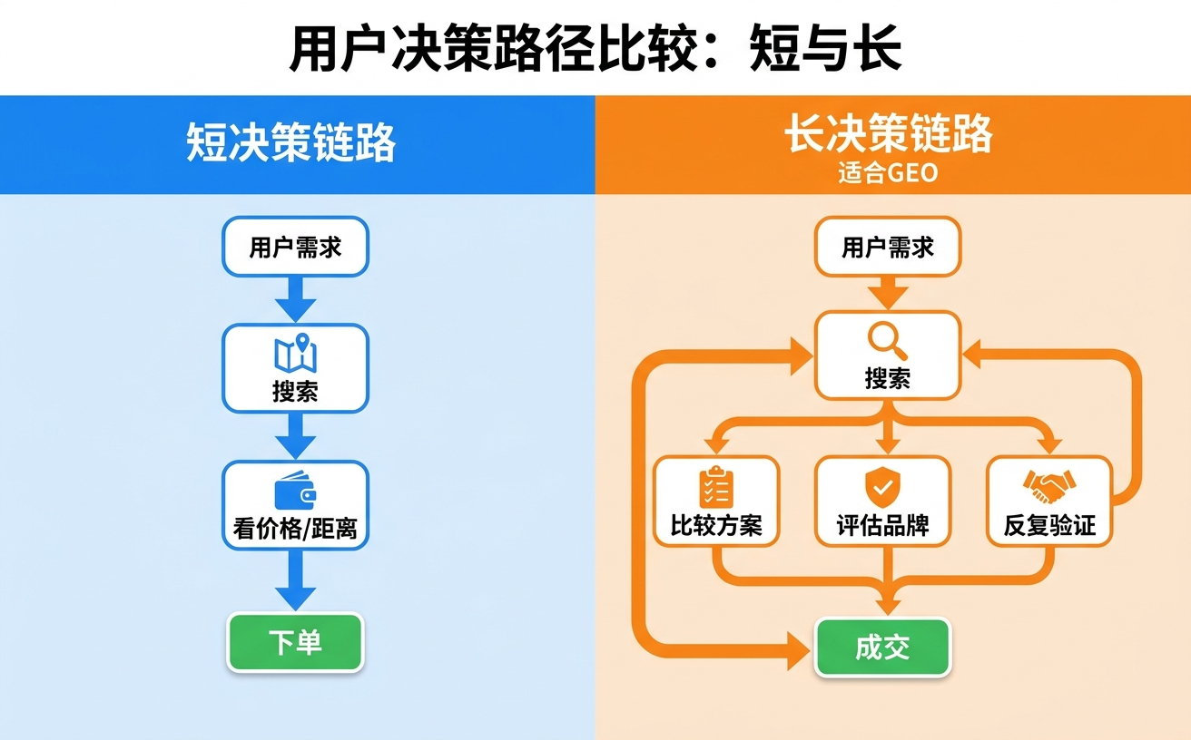 图中展示了用户决策链路的对比,左侧为短链路,右侧为长链路,包含步骤与流程。