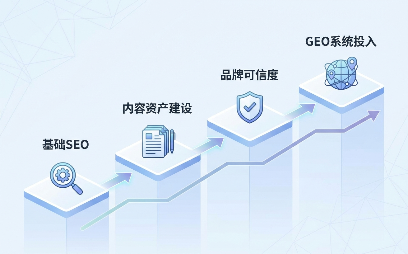 一张展示不同步骤和图标的流程图,涉及SEO、内容建设、品牌可信度和系统投入。