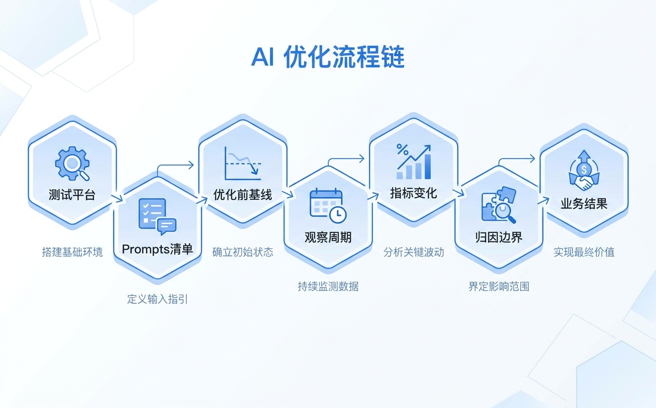 AI优化流程链图示,展示从测试平台到业务结果的各个环节及相关指标。