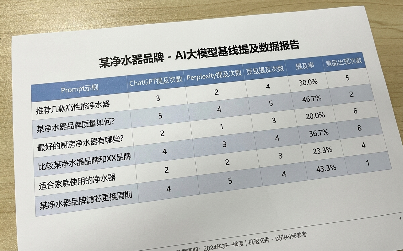 一份关于某净水器品牌的AI分析报告,包含不同评估指标的表格数据。
