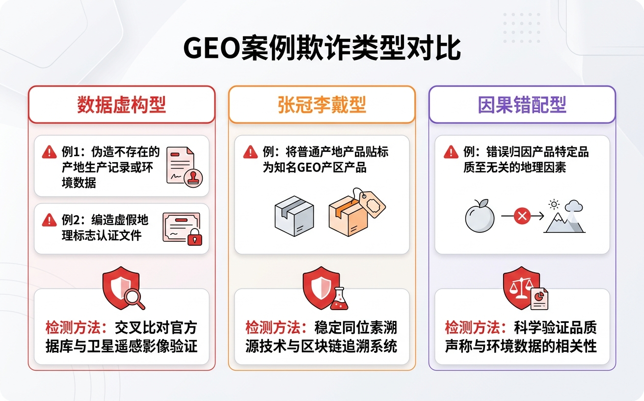 GEO案例欺诈类型对比,展示三种分类及其例子和检测方法的信息框架。