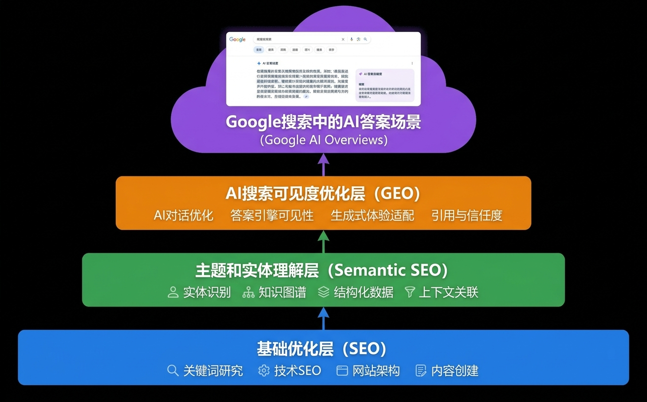 展示了Google AI搜索场景的流程图,包含AI优化层、语义理解和基础优化层等内容。