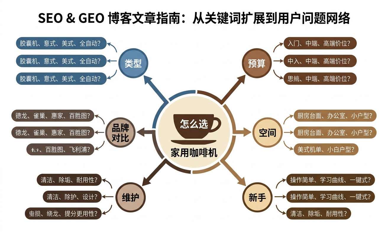 一张关于选择家用咖啡机的指导图,涉及品牌、类型、空间和维护等多个方面。
