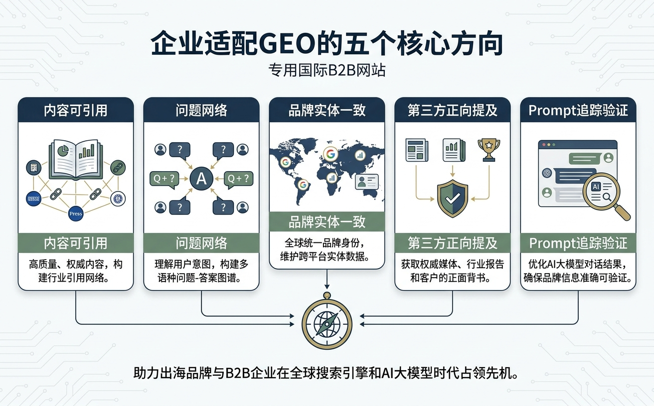 图表展示企业匹配GEO的五个核心方向,包含内容可引用、问题网络等要素。