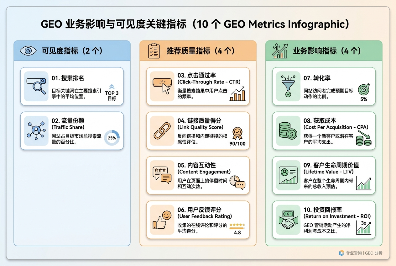 GEO业务影响与可度关键指标的文本与图标排列,展示了10个指标及其定义。