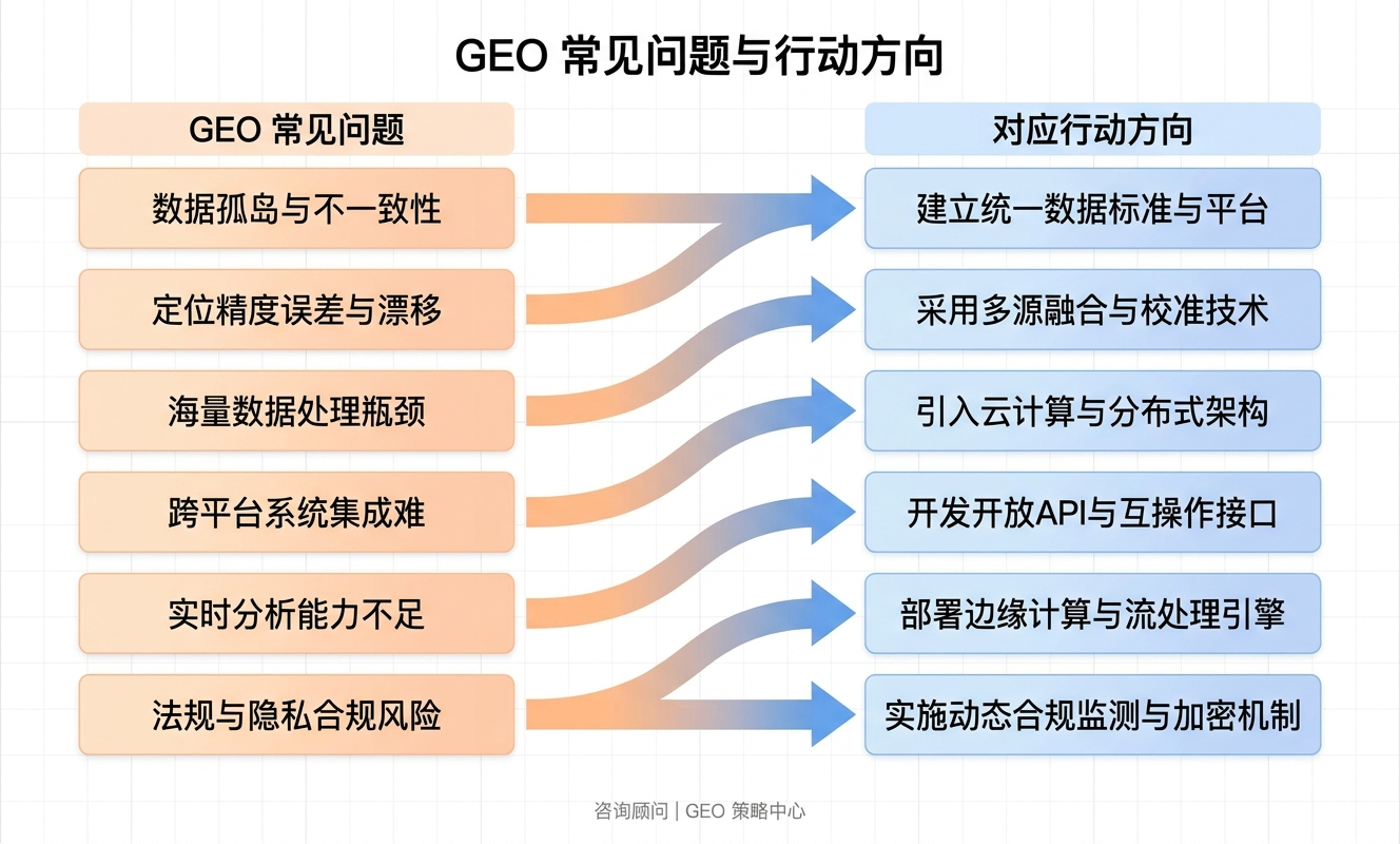 GEO常见问题与应对策略的流程图,左侧列出问题,右侧对应解决方案。