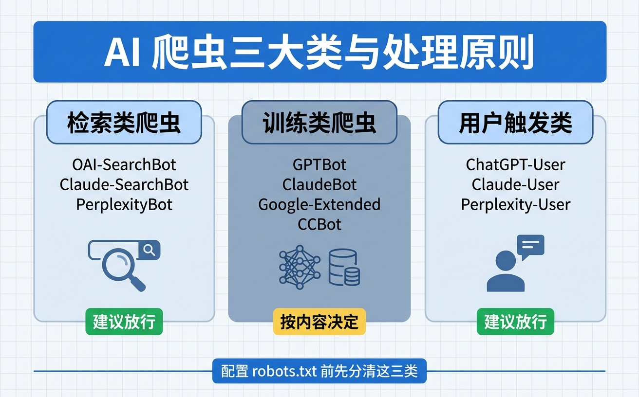AI爬虫的三大类与处理原则，展示了搜索类、训练类和用户触发类爬虫的具体示例。