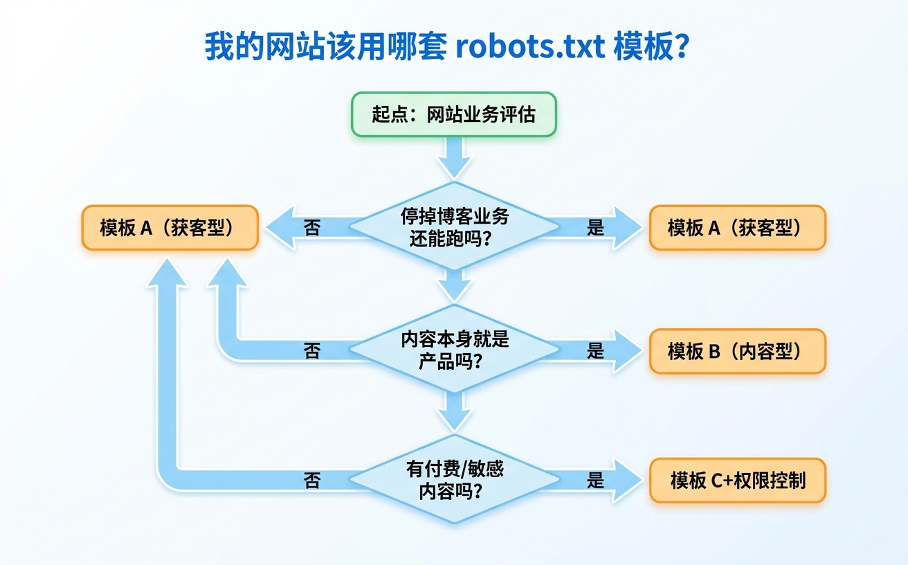 一个关于网站使用robots.txt模板的决策流程图，包含不同选择和路径。