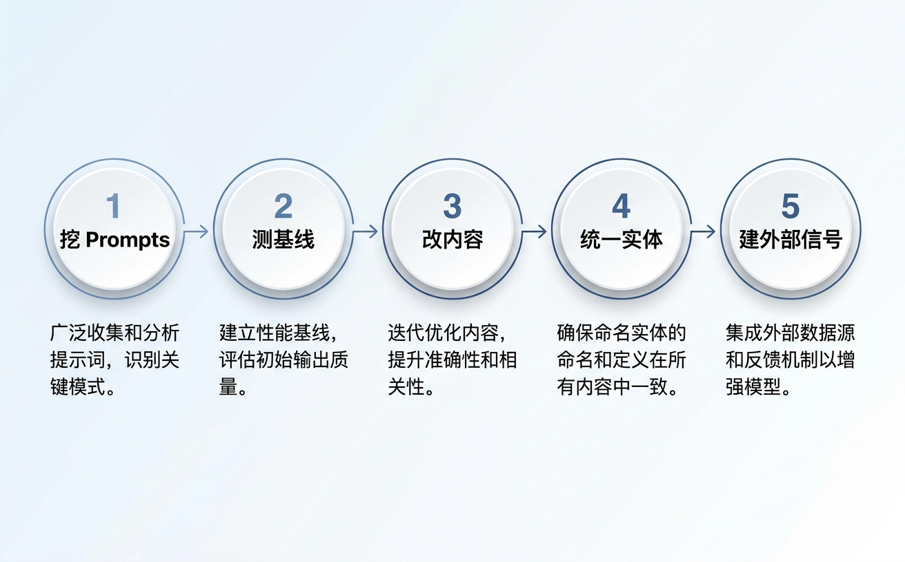 一系列关于提升内容质量和数据整合的步骤,以圆形图标和箭头呈现。