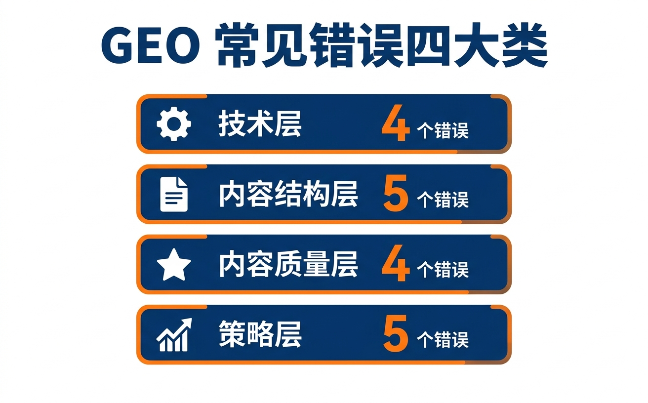 GEO常见错误四大类,包括技术层、内容结构层、内容质量层和战略层及其对应的错误数量。