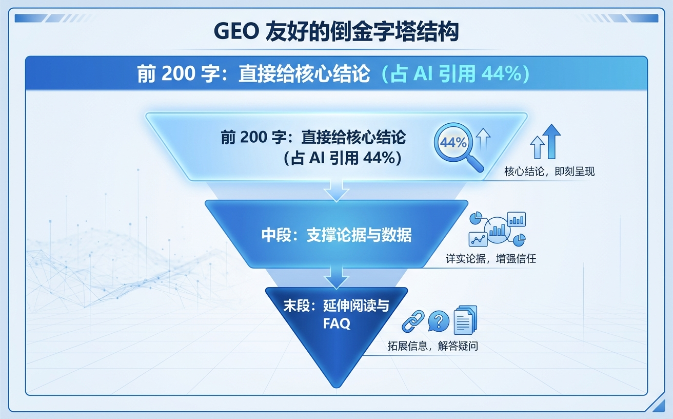 图表展示了GEO友好的倒金字塔结构,分为三个阶段:前200字、中段和末段。
