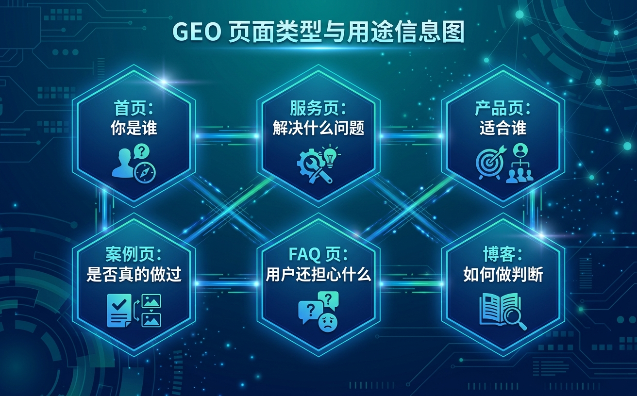 一张展示GEO页面类型和用途的信息图,包含多个六边形图标和文字说明。