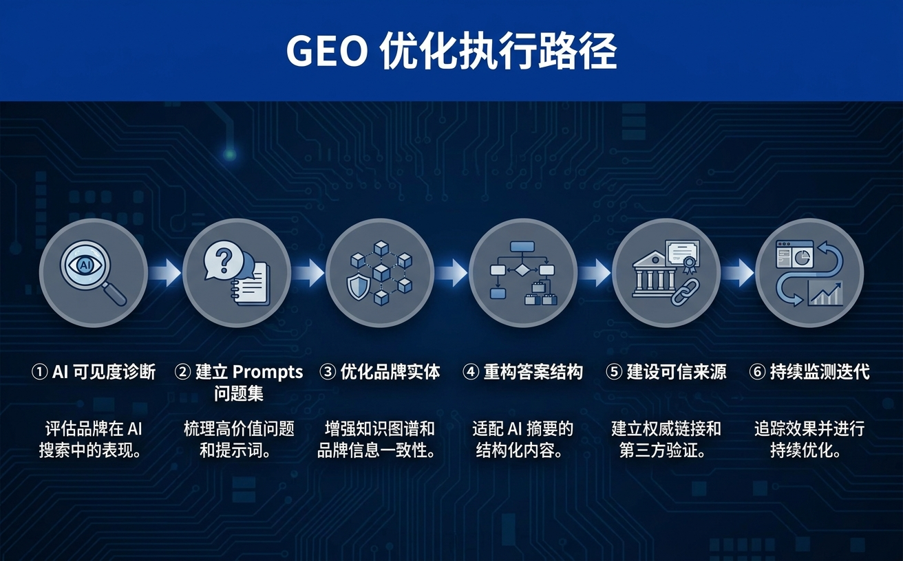 一张展示AI优化执行路线图的图片,包括六个步骤的图标和文字说明。